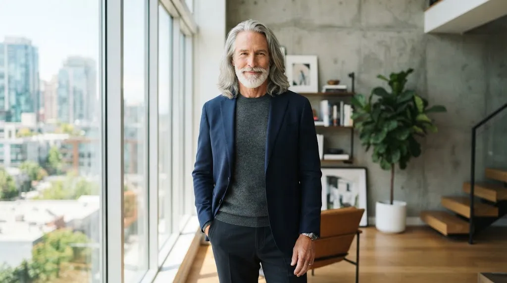 A confident older man with healthy, well-maintained long grey hair showcasing a stylish and natural look