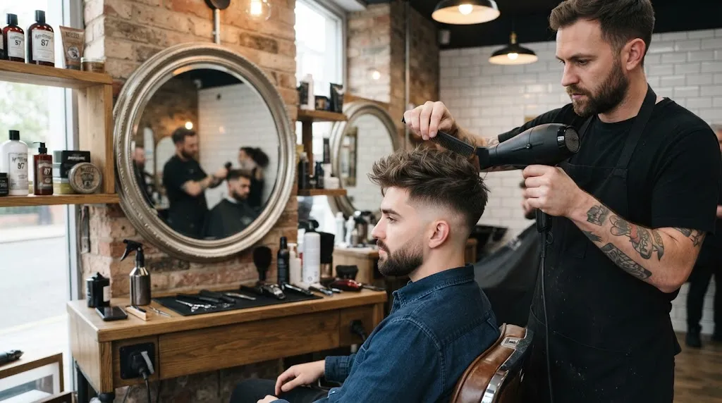A professional barber styling a man's hair in a modern barbershop, illustrating different hair lengths for silky hair textures.