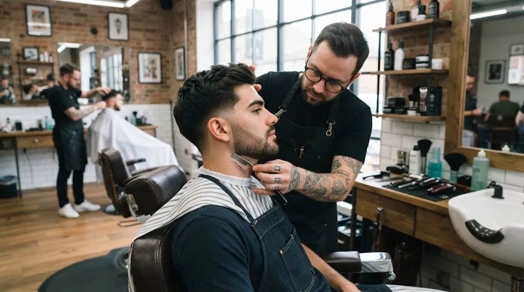 A professional barber neatly trimming and maintaining a man's medium-length haircut around the neckline and sideburns