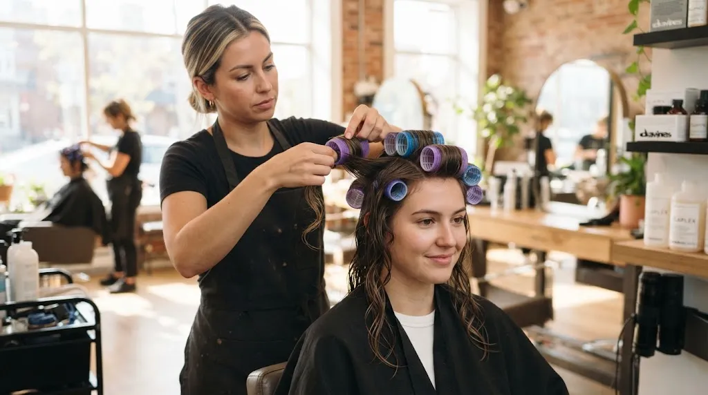 Professional hairstylist setting damp hair with smooth rollers for long-lasting volume and curl definition