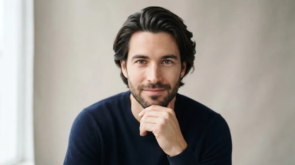 Man with sleek and healthy silky hair styled in a clean, effortless minimalist flow haircut under soft natural lighting.