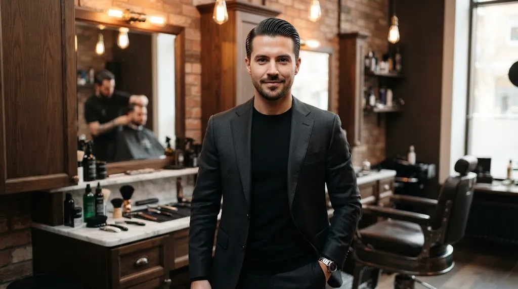 A stylish man with smooth, silky hair styled in a sleek slicked-back haircut inside a modern barbershop.