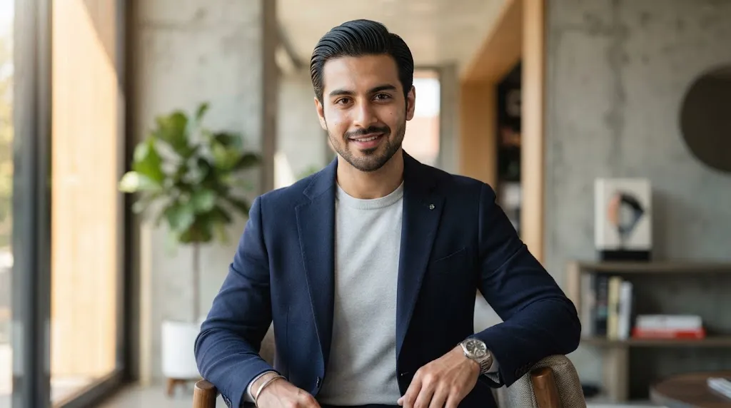 A stylish Indian man with smooth, well-groomed silky hair and a modern short haircut posing in natural lighting
