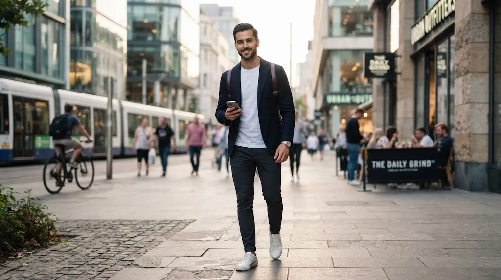 A stylish man with a professional straight haircut designed for an oblong face shape, showcasing modern grooming and styling.