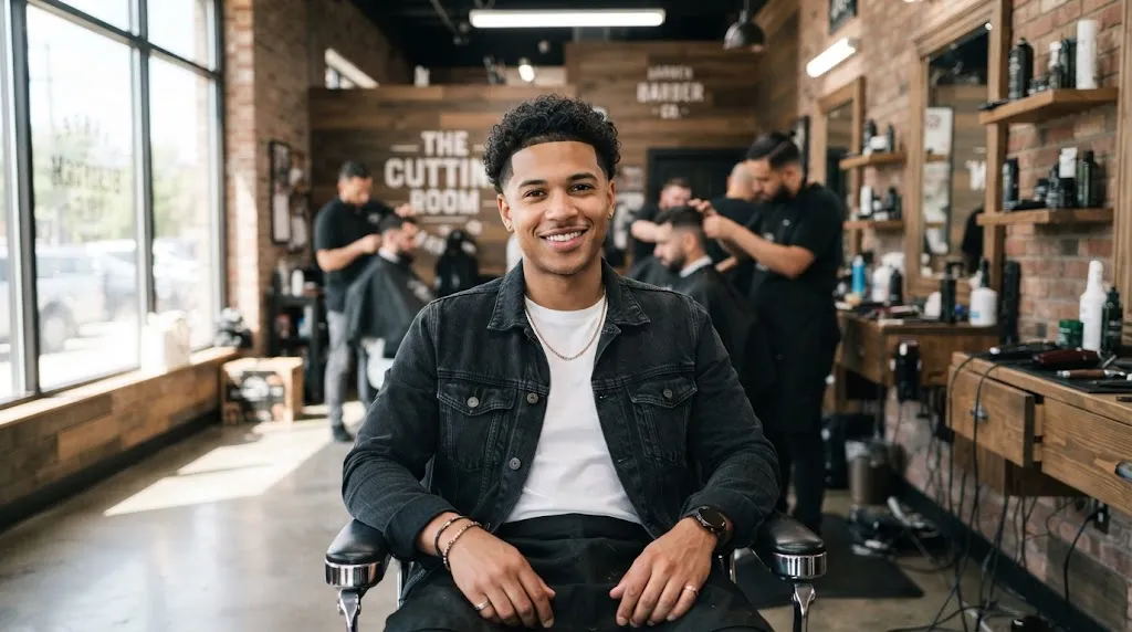A stylish man with curly hair and a low taper fade styled forward to complement a long face shape.