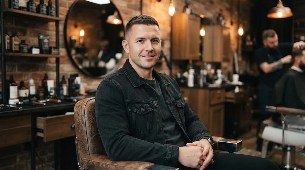 A stylish man with a clean, low-maintenance crew cut haircut sitting in a modern barbershop with professional lighting.