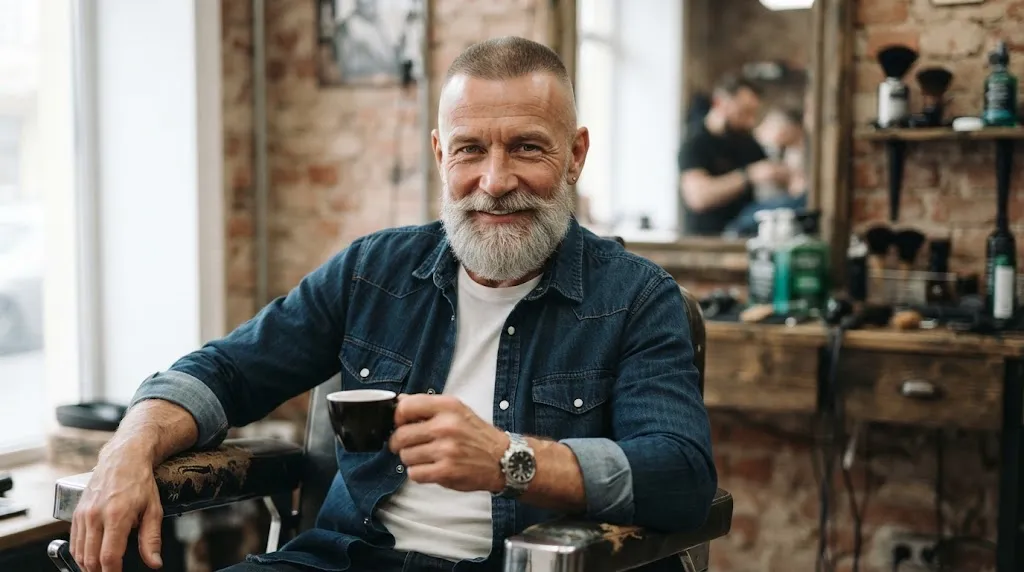 A stylish older man with a clean and low-maintenance buzz cut hairstyle sitting in a modern barbershop.