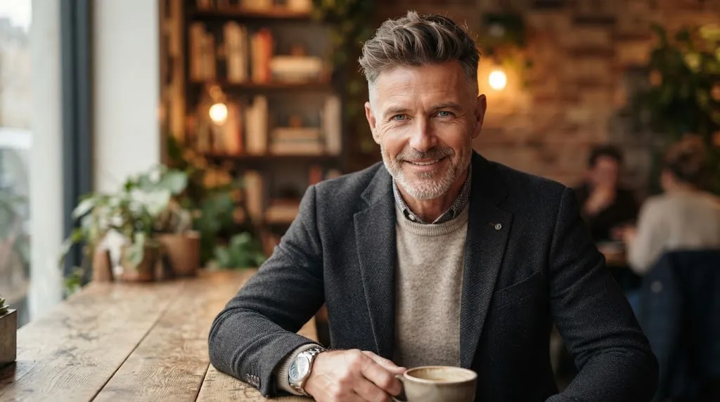 An older man with a modern textured crop haircut featuring short blended sides and natural movement on top.