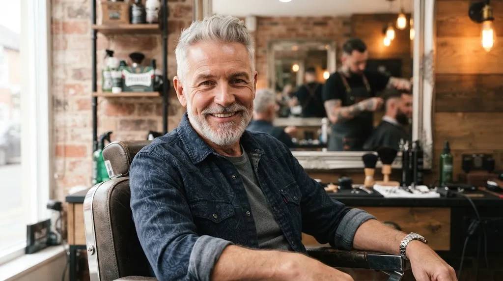 A stylish older man with a clean short quiff haircut and silver-grey hair showcasing a modern, voluminous look in a barbershop