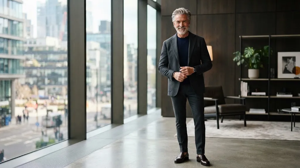 A sophisticated older man showcasing a modern, well-groomed swept-back medium-length hairstyle.