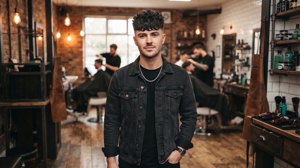 Man with a stylish textured fringe undercut hairstyle and tapered sides in a modern barbershop