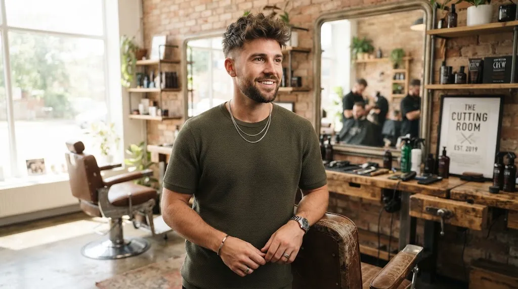 A stylish man with a textured messy top haircut and tapered sides, perfectly styled to balance a long face shape.