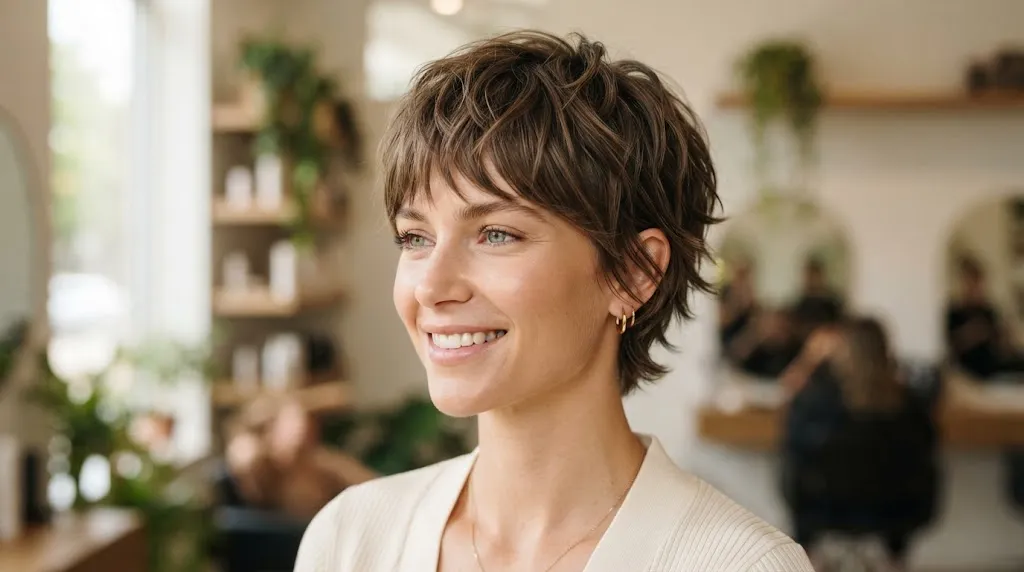 A stylish woman with a textured pixie cut showing short layered locks and natural movement for silky hair