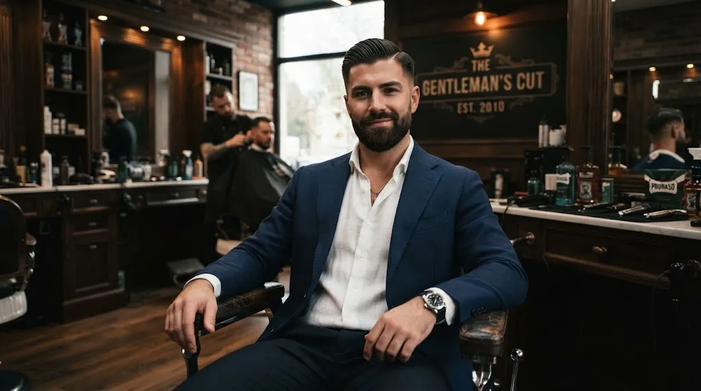 A stylish man showcasing a clean textured side part haircut for silky hair in a modern barbershop