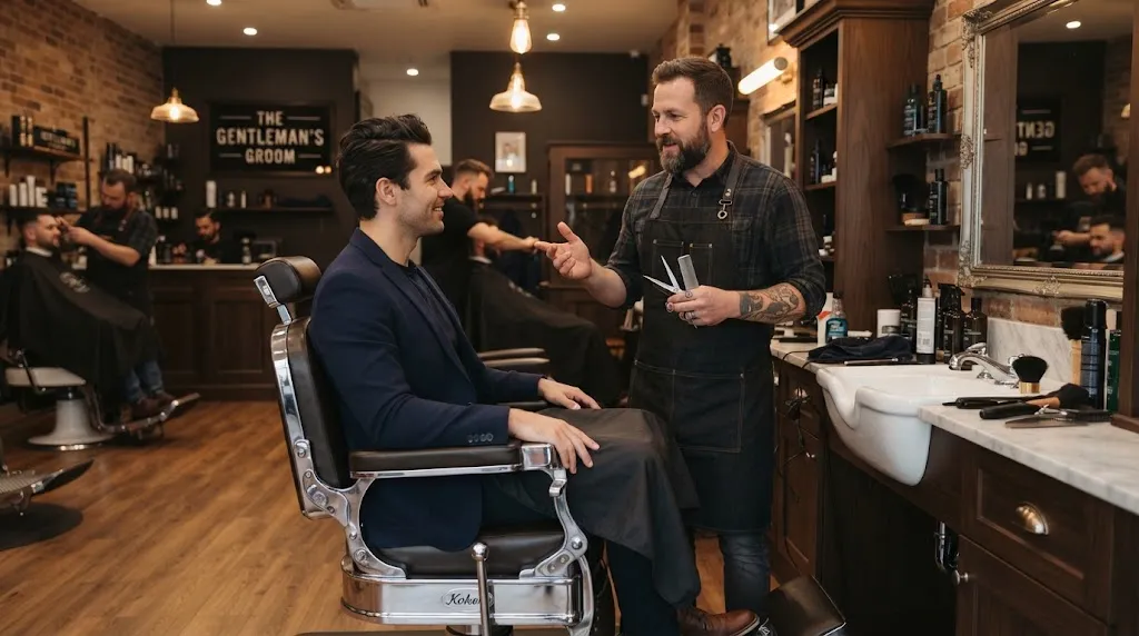 Man having a professional consultation with his barber in a modern salon to explain the right haircut for a long face shape