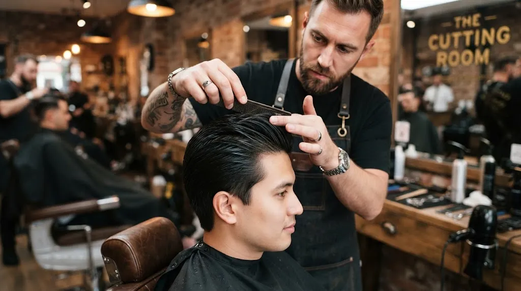 Professional barber styling smooth silky hair in a modern barbershop to demonstrate how to get hold without heavy products