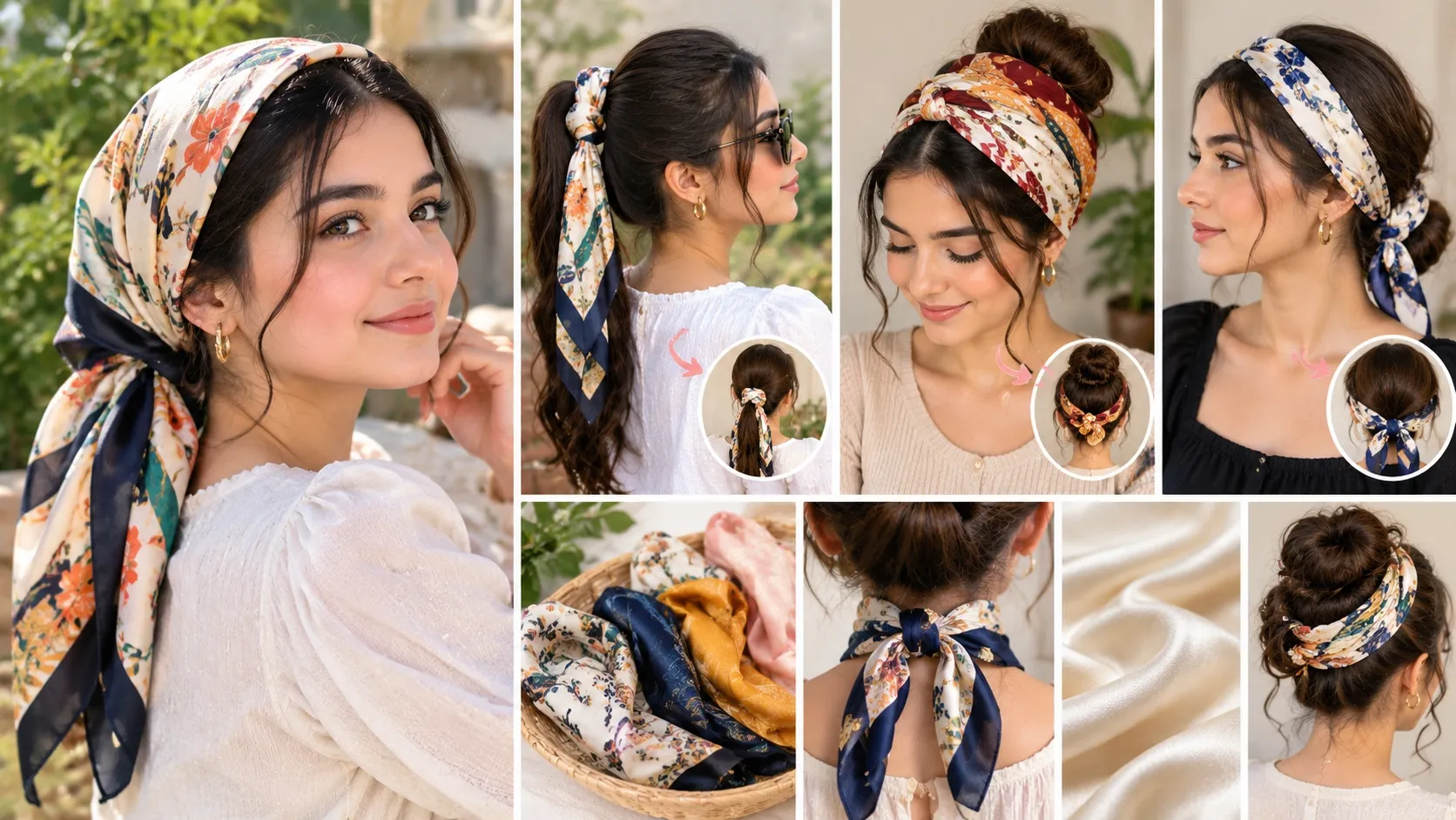 Women wearing head scarves in ponytail, bun, and headband styles with colorful patterned scarves.