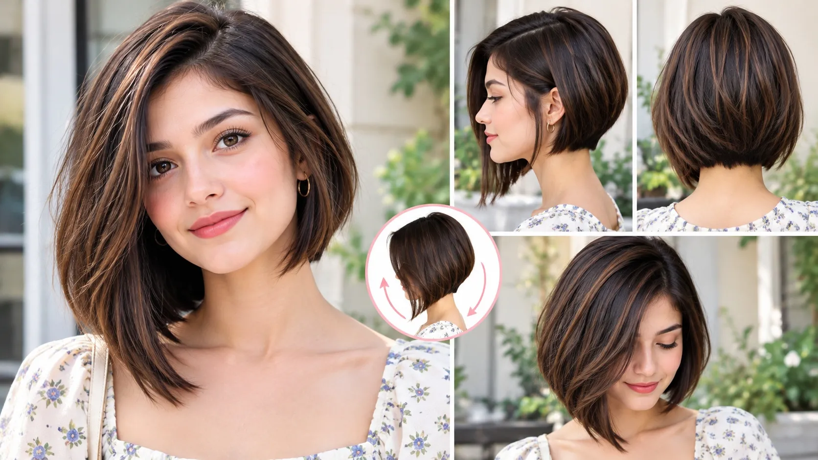 Woman with a brunette asymmetric bob haircut featuring a longer front section and a shorter, tapered back, shown from multiple angles.