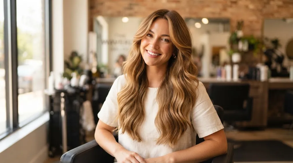 Woman in a salon with long wavy hair and soft curtain layers framing her face to reduce frizz