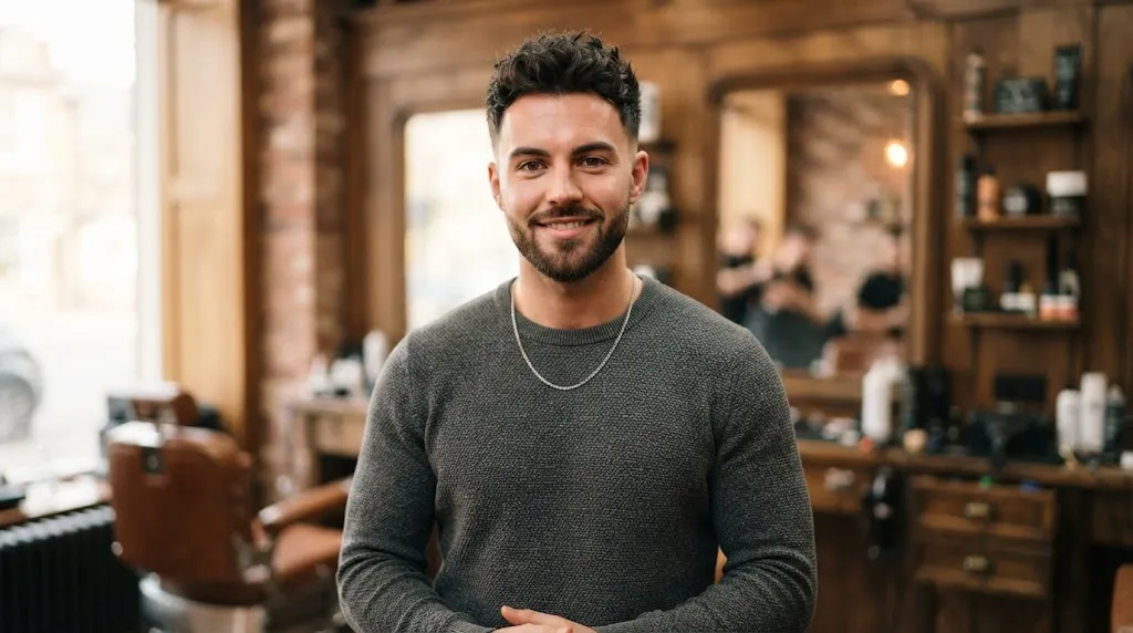 Stylish man with a heart-shaped face sporting a well-groomed short beard and textured haircut to balance a narrow chin