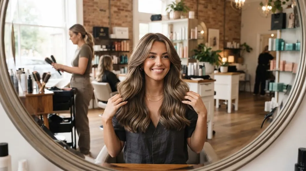 A woman with smooth, beautifully layered wavy hair demonstrating the best haircut for frizzy hair.
