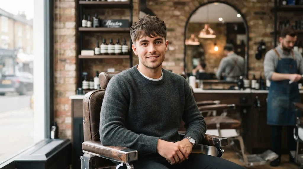 A stylish man with a heart-shaped face wearing a textured crop haircut with soft fringe in a barbershop