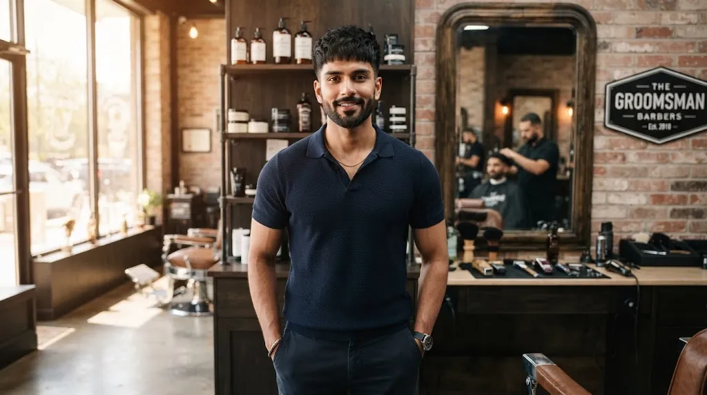 Handsome Indian man with a heart-shaped face and thick textured crop haircut in a modern barbershop