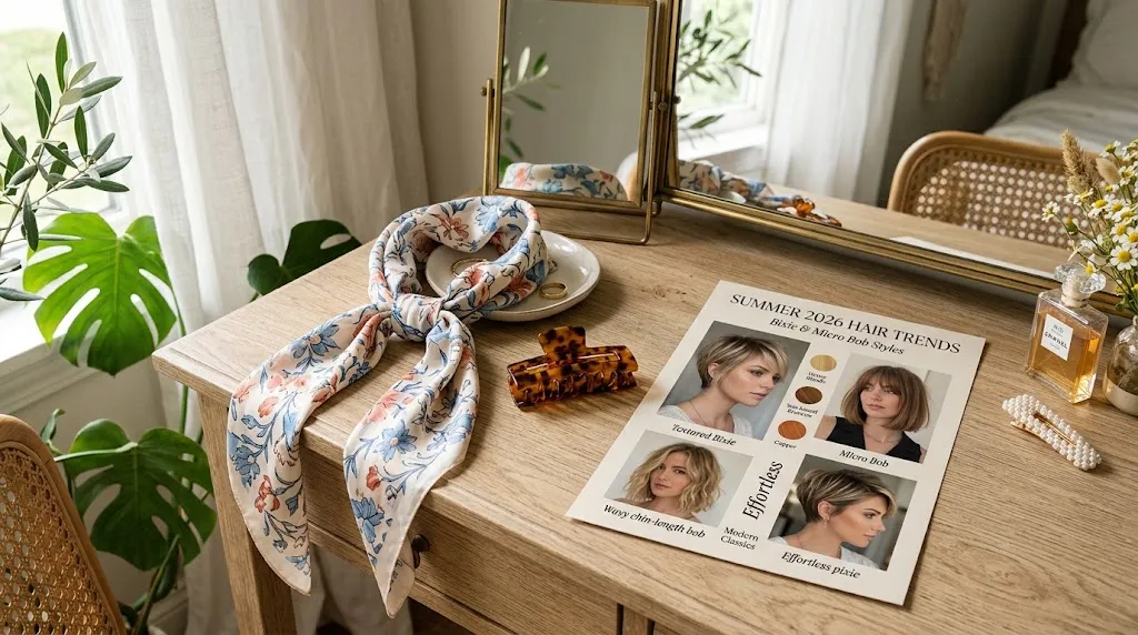 Stylish summer 2026 hair accessories including a silk head scarf and claw clip alongside a bixie and bob hairstyle inspiration board on a sunlit vanity table