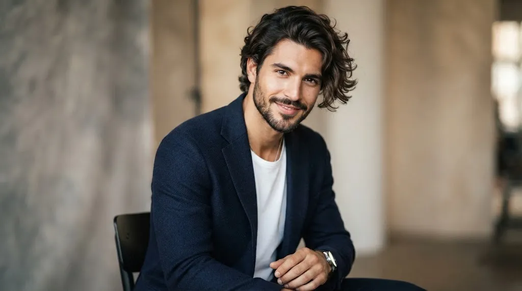 A stylish man with a heart-shaped face showcasing a flattering medium-length wavy hairstyle with side-swept volume