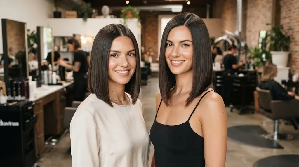 A sleek, blunt lob haircut on a model with smooth, healthy hair showcasing the difference between blunt ends and layers