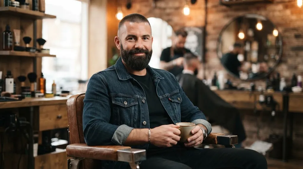 A man with a clean buzz cut and a well-groomed beard balancing a heart-shaped face