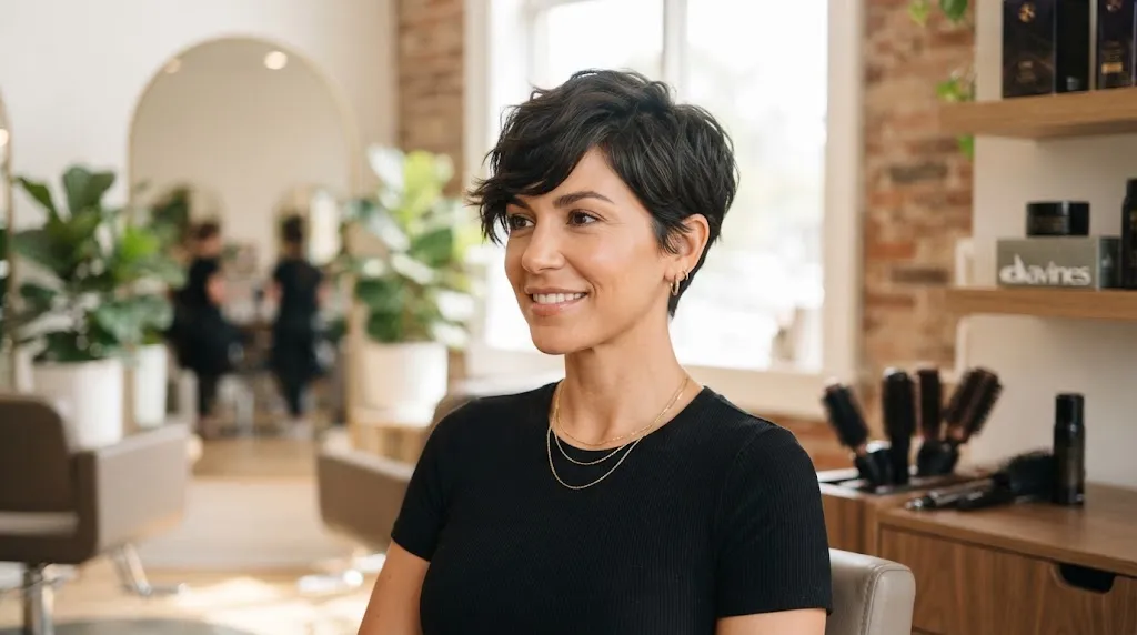 A stylish woman with a modern, beautifully textured pixie haircut showcasing soft volume and low maintenance in a professional salon environment