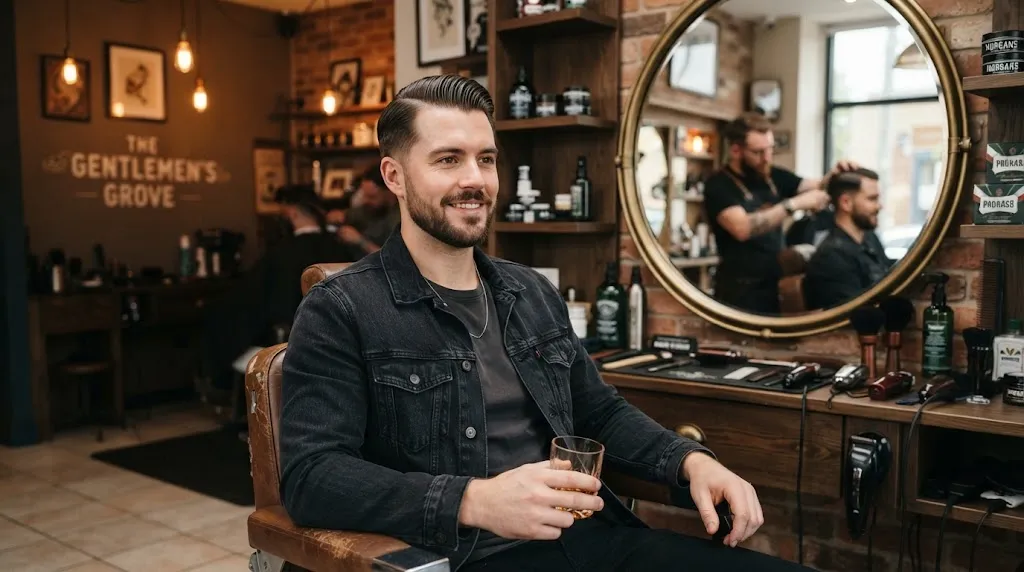 Man with a neat classic side part hairstyle in a modern barbershop balancing a heart-shaped face