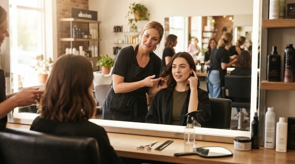 A client discussing a haircut and mismatched layers with a professional hairstylist during a salon consultation.
