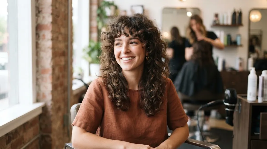 A woman with beautiful curly frizzy hair showcasing a modern curly shag haircut with volume and definition
