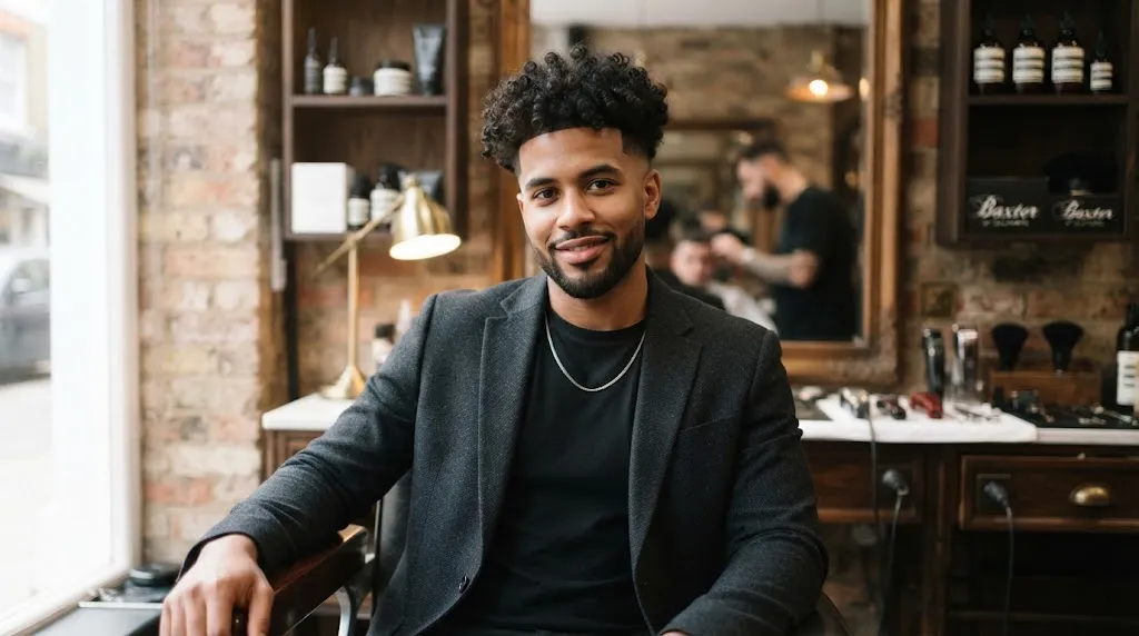 Man showing a stylish curly top haircut with a clean low fade, perfect for balancing a heart-shaped face