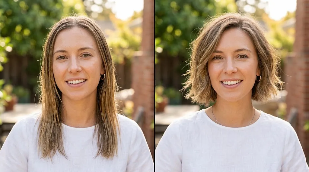 Side-by-side comparison of flat limp fine hair in summer humidity on the left versus a voluminous textured chin-length bob on the right.