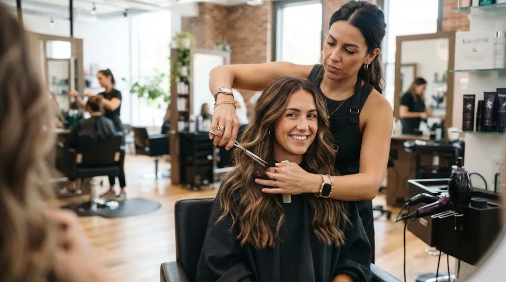 A professional hairstylist fixing and blending choppy layers to reduce frizz on wavy hair in a modern salon