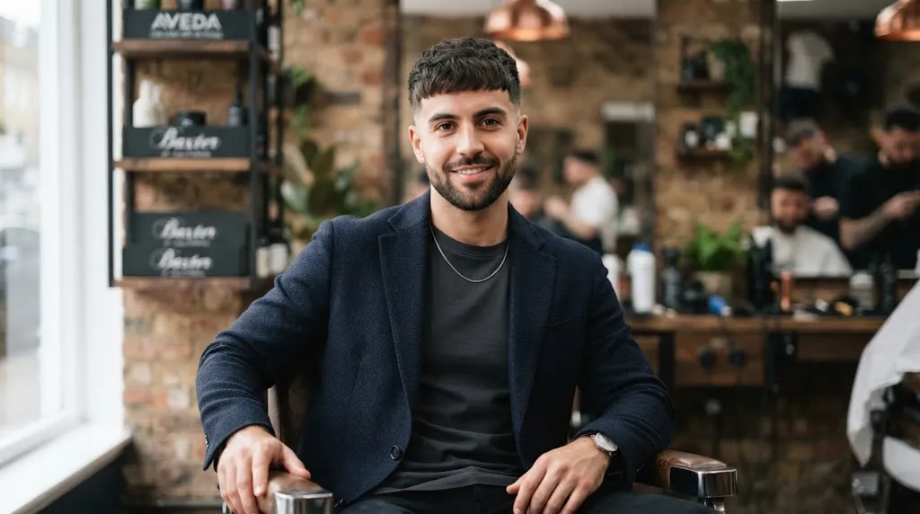 A stylish man with a textured fringe haircut and low tapered sides, perfectly balancing a heart-shaped face.