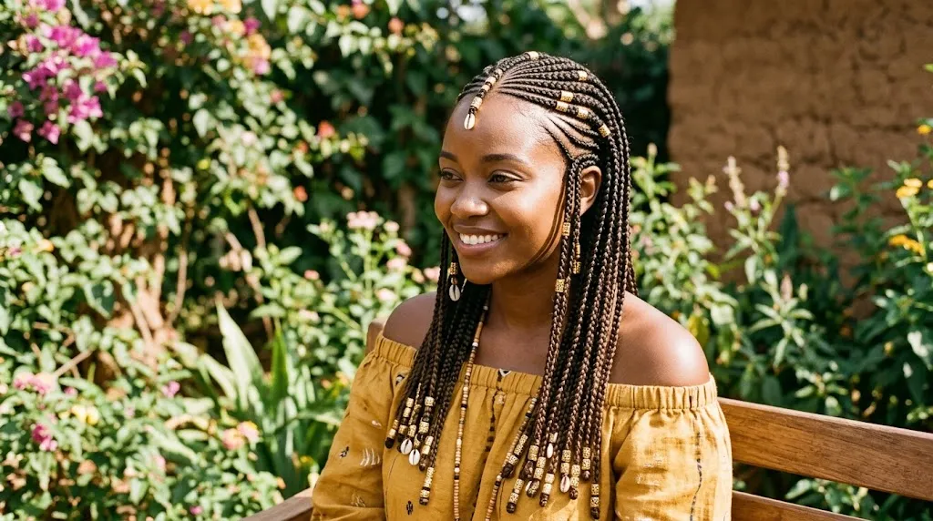 A beautiful woman showcasing the intricate details and cultural richness of Fulani Braids.