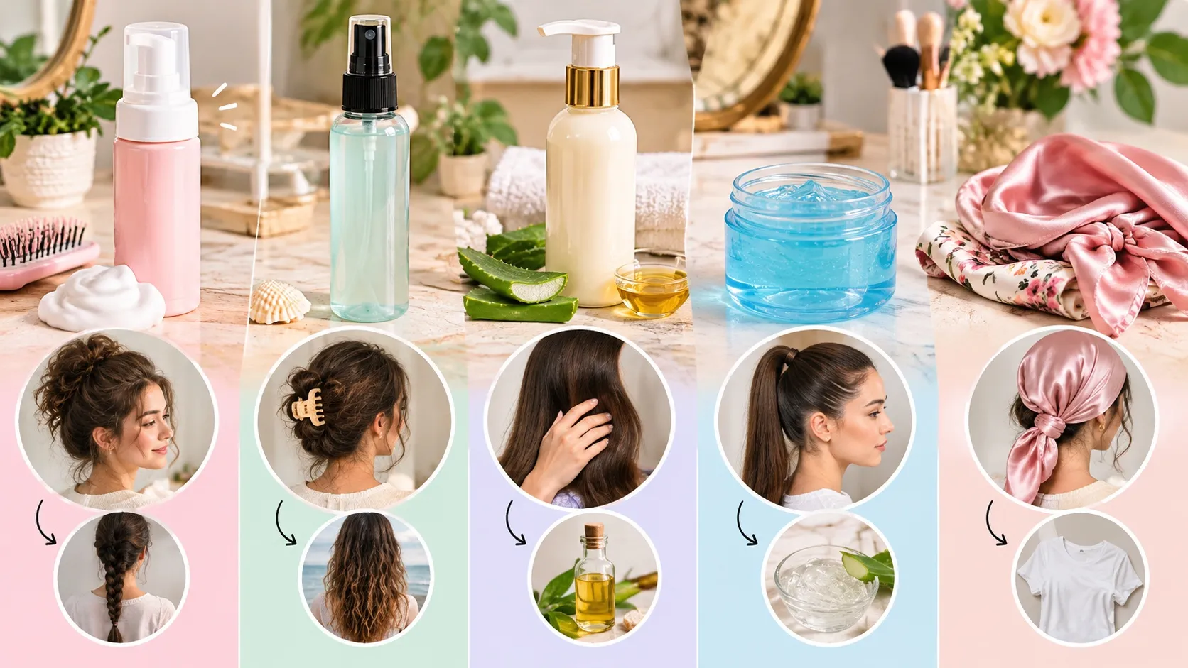 Lightweight hair styling products including mousse, texturizing spray, leave-in conditioner, gel, and a satin scarf for summer hairstyles.