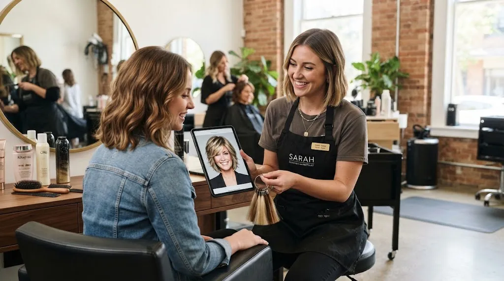 A professional hairstylist having a consultation with a client in a modern salon to discuss a custom haircut and layers.