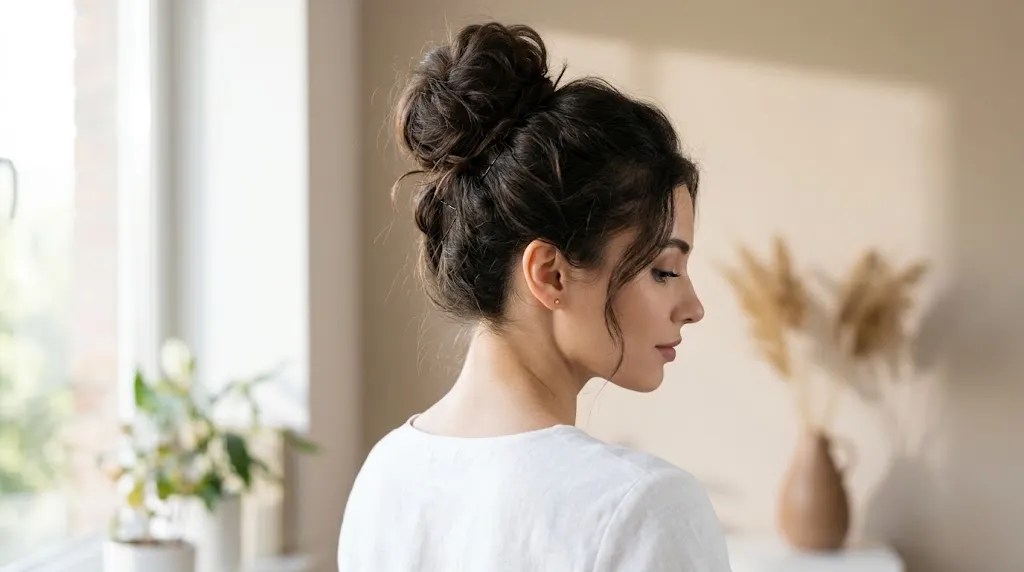 A woman wearing a chic high messy bun updo that keeps hair elevated off her sweaty neck and hairline during summer heat.