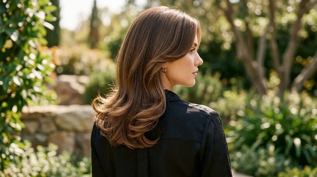 Woman showcasing an Hourglass Cut hairstyle with contoured face-framing layers and flipped ends at the collarbone in bright natural sunlight.