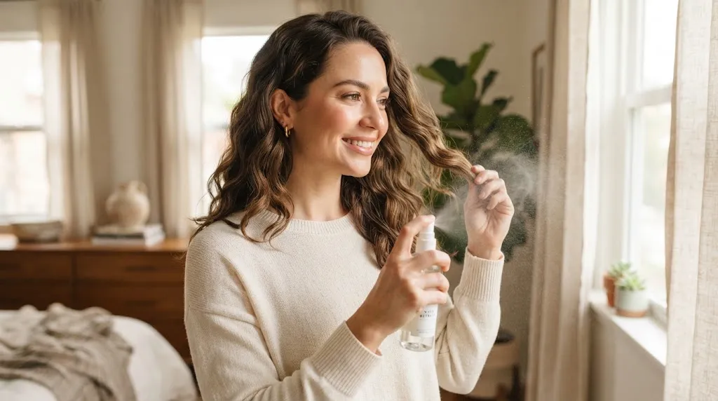 A woman refreshing and reducing frizz in her wavy hair with a spray bottle between washes in natural daylight
