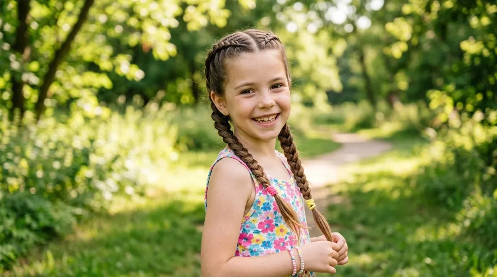 A young girl with freckles and a colorful dress, smiling brightly at the camera, wearing two classic braided pigtails in a sunlit green park setting.