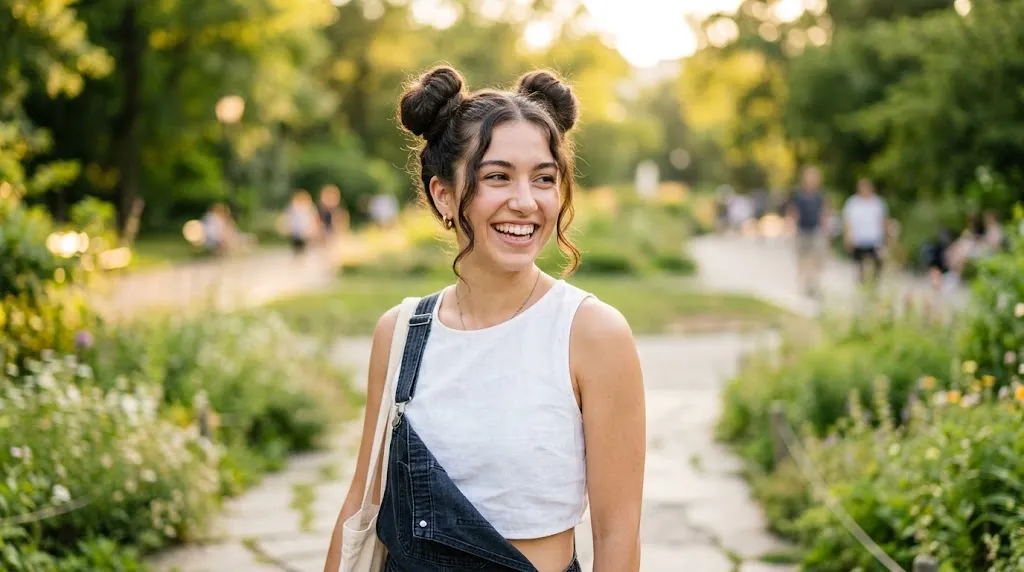 A happy young woman with dark hair styled into two textured space buns, smiling as she walks along a stone pathway in a lush park. She is wearing a white tank top and denim overalls, carrying a tote bag. The background is a natural, blurred green landscape with golden sunlight.