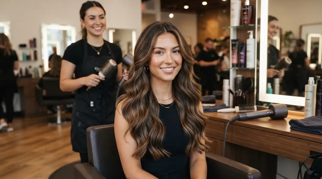 A woman in a modern salon showcasing long, beautifully blended layers that reduce frizz and add natural movement.