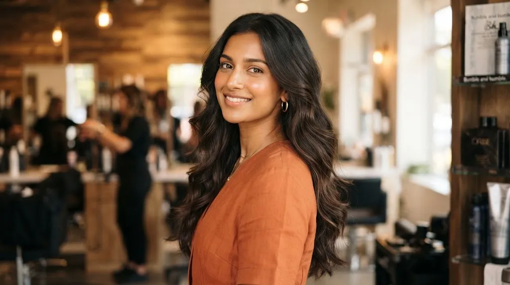 Soft layered haircut on wavy Indian hair styled to control frizz in humid weather