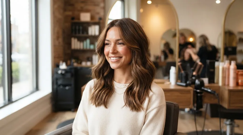 A woman with a gorgeous layered lob haircut showcasing smooth, defined waves and balanced volume in a professional salon setting.